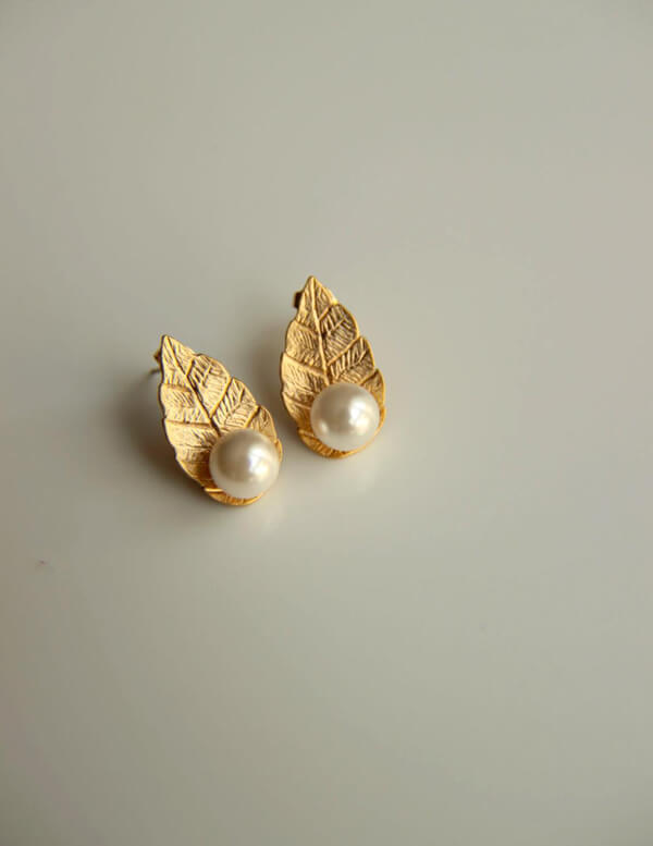 Gold and Silver Pearl Leaf Stud Earrings - Tejaani Jeweller